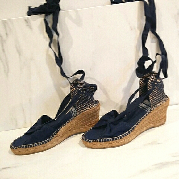 NWOT Navy Silk Spanish Wedge Espadrilles - Picture 3 of 10